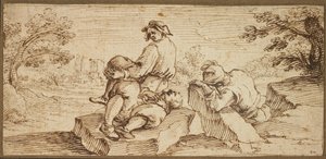 ثلاثة أشكال تستريح في منظر طبيعي (قلم وحبر بني على ورق) بواسطة إركول بازيكالوفا